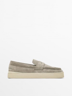 Massimo Dutti Soft Split Leather Penny Men Loafers Grey | US-ON3406759