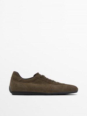 Massimo Dutti Soft Split Suede Men Sneakers Khaki Brown | US-EY4518072