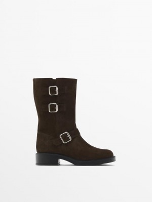 Massimo Dutti Split Leather Biker Women Ankle Boots Dark Brown | US-MO1523469