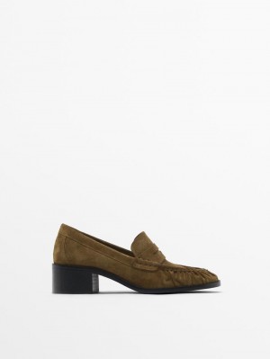 Massimo Dutti Split Leather Heeled Women Loafers Brown | US-OR5938147