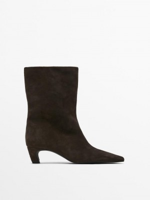 Massimo Dutti Split Leather High-heel Women Ankle Boots Dark Brown | US-ZA0425976