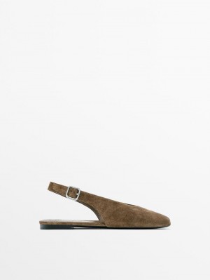 Massimo Dutti Split Leather Slingback Women Ballet Flats Brown | US-TO4578301