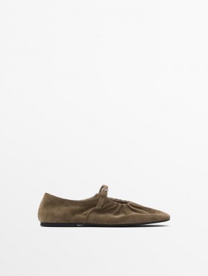 Massimo Dutti Split Leather With Gathered Detail Women Ballet Flats Dark Brown | US-LT7156324