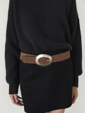Massimo Dutti Split Leather With Oval Buckle Women Belt Brown | US-QJ1983045
