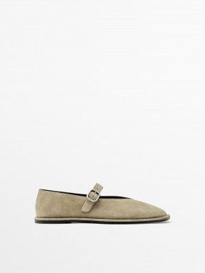 Massimo Dutti Split Suede With Buckle Women Ballet Flats Khaki | US-YA0379856