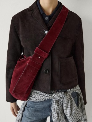 Massimo Dutti Split Suede Women Shoulder Bag Burgundy | US-VC3890574