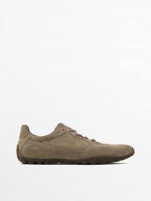 Massimo Dutti Split-leather With Pieces Men Sneakers Khaki | US-MV8035674