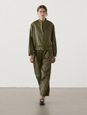 Massimo Dutti Stand Collar Women Bomber Jacket Olive | US-WD0513728