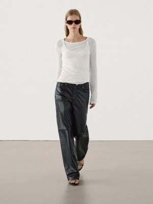 Massimo Dutti Straight Fit Nappa Leather Women Trousers Black | US-PQ4720658