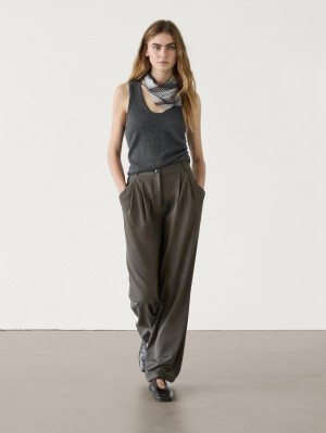 Massimo Dutti Straight Fit With Double Belt Loops Women Trousers Olive | US-PK1349065