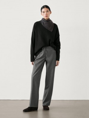 Massimo Dutti Straight Flannel With Tie Detail Women Trousers Dark Grey | US-CG5381069