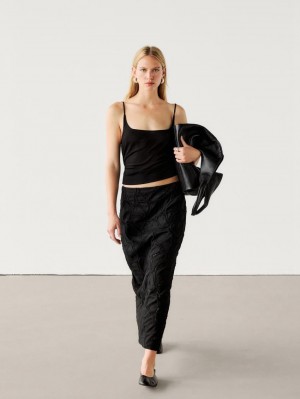 Massimo Dutti Straight Midi With Embroidered Detail Women Skirts Black | US-DM6057824
