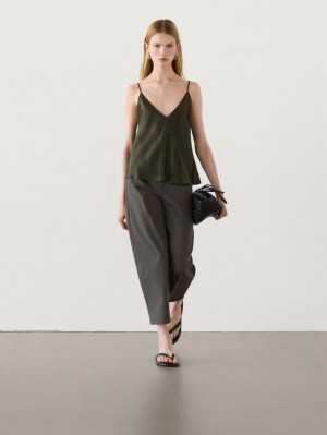 Massimo Dutti Straight-leg Cotton Blend Women Trousers Dark Olive | US-RH3405286