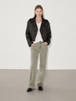 Massimo Dutti Straight-leg Cotton Denim Women Jeans Khaki | US-IB5782034