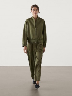 Massimo Dutti Straight-leg Creased Satin Women Trousers Green | US-OV6130485