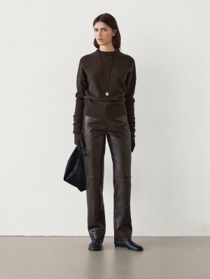 Massimo Dutti Straight-leg Nappa Leather Women Trousers Dark Brown | US-LR2568749