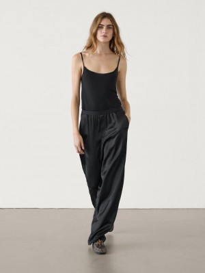 Massimo Dutti Straight-leg Satin With An Elastic Waistband Women Trousers Black | US-IQ8204697
