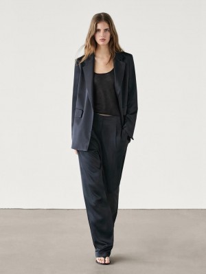 Massimo Dutti Straight-leg Satin With Darts Women Trousers Navy | US-ND7823459