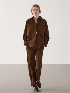 Massimo Dutti Straight-leg Suede Leather Women Trousers Brown | US-BT6937185