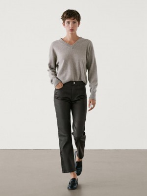 Massimo Dutti Straight-leg Waxed Women Trousers Dark Brown | US-IB5672418