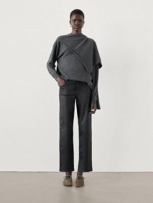 Massimo Dutti Straight-leg Waxed Women Trousers Black | US-CA3502764