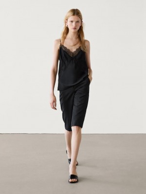 Massimo Dutti Strappy Lace Camisole Women Top Black | US-TB1852376