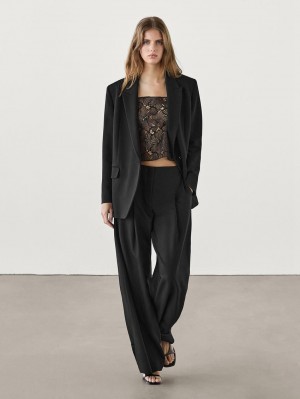 Massimo Dutti Strappy Lace Women Top Black | US-ND3709856