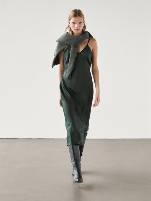 Massimo Dutti Strappy Midi Slip Women Dress Green | US-TC9672308