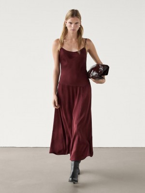 Massimo Dutti Strappy Midi Slip Women Dress Burgundy | US-BN8603142