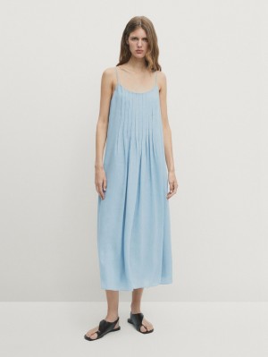 Massimo Dutti Strappy Midi With Box Pleat Details Women Dress Light Blue | US-CQ8634957