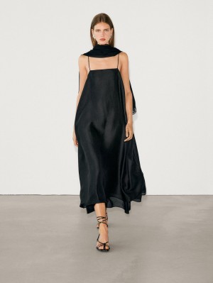 Massimo Dutti Strappy Ramie Midi Women Dress Black | US-CQ9850641