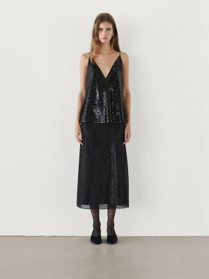 Massimo Dutti Strappy Sequin Women Top Black | US-RT8734962