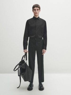 Massimo Dutti Stretch Slim-fit Cotton Twill Men Shirts Black | US-QH1579482