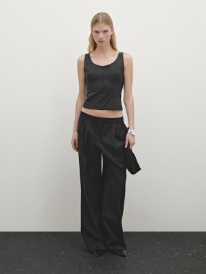 Massimo Dutti Stretch With Seam Details Women Top Black | US-HD2605847