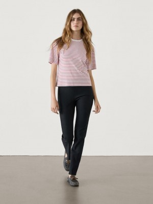Massimo Dutti Striped Cotton Crew Neck Women T-Shirt Red / White | US-TY0437125