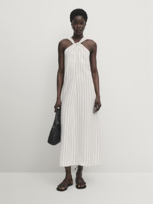 Massimo Dutti Striped Halterneck Midi Women Dress White | US-WO4179530