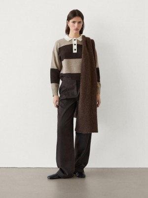 Massimo Dutti Striped Knitted Polo Neck Women Sweater Dark Brown / Beige | US-MX7138642