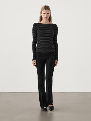 Massimo Dutti Striped Long Sleeve Wool Women T-Shirt Black | US-UP0658279