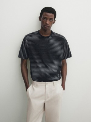 Massimo Dutti Striped Medium Weight Cotton Men T-Shirt Navy | US-SZ9084517