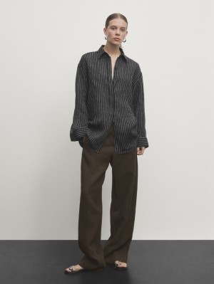 Massimo Dutti Striped Oversize Linen Blend Women Blouse Black | US-ZB5379148