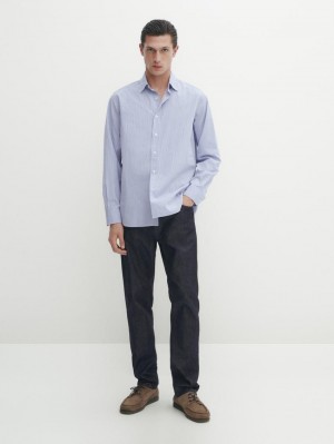 Massimo Dutti Striped Poplin Men Shirts Blue | US-TI2360179