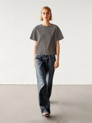 Massimo Dutti Striped Short Sleeve Women T-Shirt Black / White | US-ZF1978560