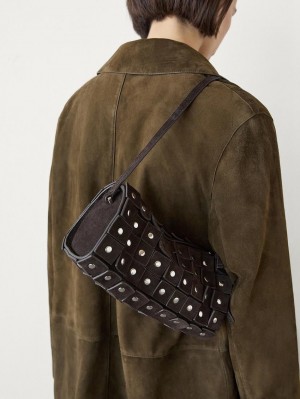 Massimo Dutti Studded Split Suede Barrel Women Handbag Dark Brown | US-UC1039248
