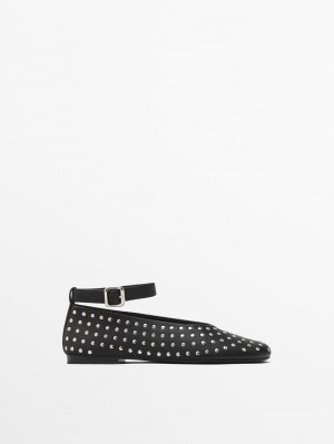 Massimo Dutti Studded With Ankle Strap Women Ballet Flats Black | US-JV7852094