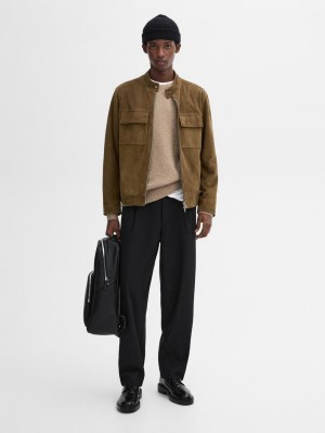 Massimo Dutti Suede Biker With Pockets Men Leather Jacket Brown | US-EY1639845