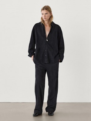 Massimo Dutti Suede Leather Co-ord Jogger Women Trousers Navy | US-LC3972146