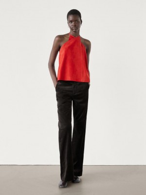 Massimo Dutti Suede Leather Crossover Halter Women Top Red | US-ZJ3289410