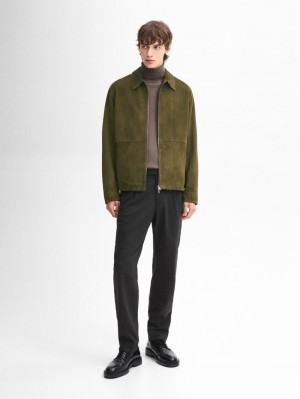 Massimo Dutti Suede Men Leather Jacket Khaki | US-NW1358407