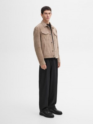 Massimo Dutti Suede With Buttons Men Leather Jacket Brown Beige | US-TJ4516890