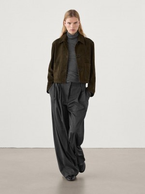 Massimo Dutti Suede With Buttons Women Jacket Dark Olive | US-QC0378265